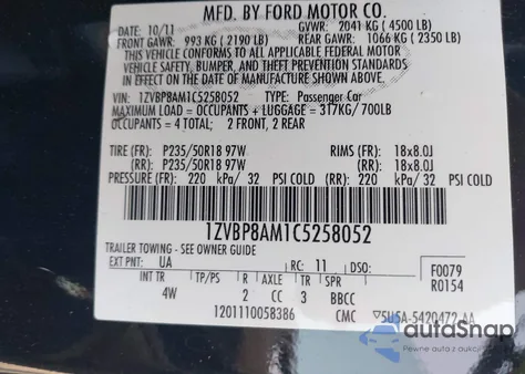 2012 Ford Mustang z USA, uszkodzony, nr VIN 1ZVBP8AM1C5258052